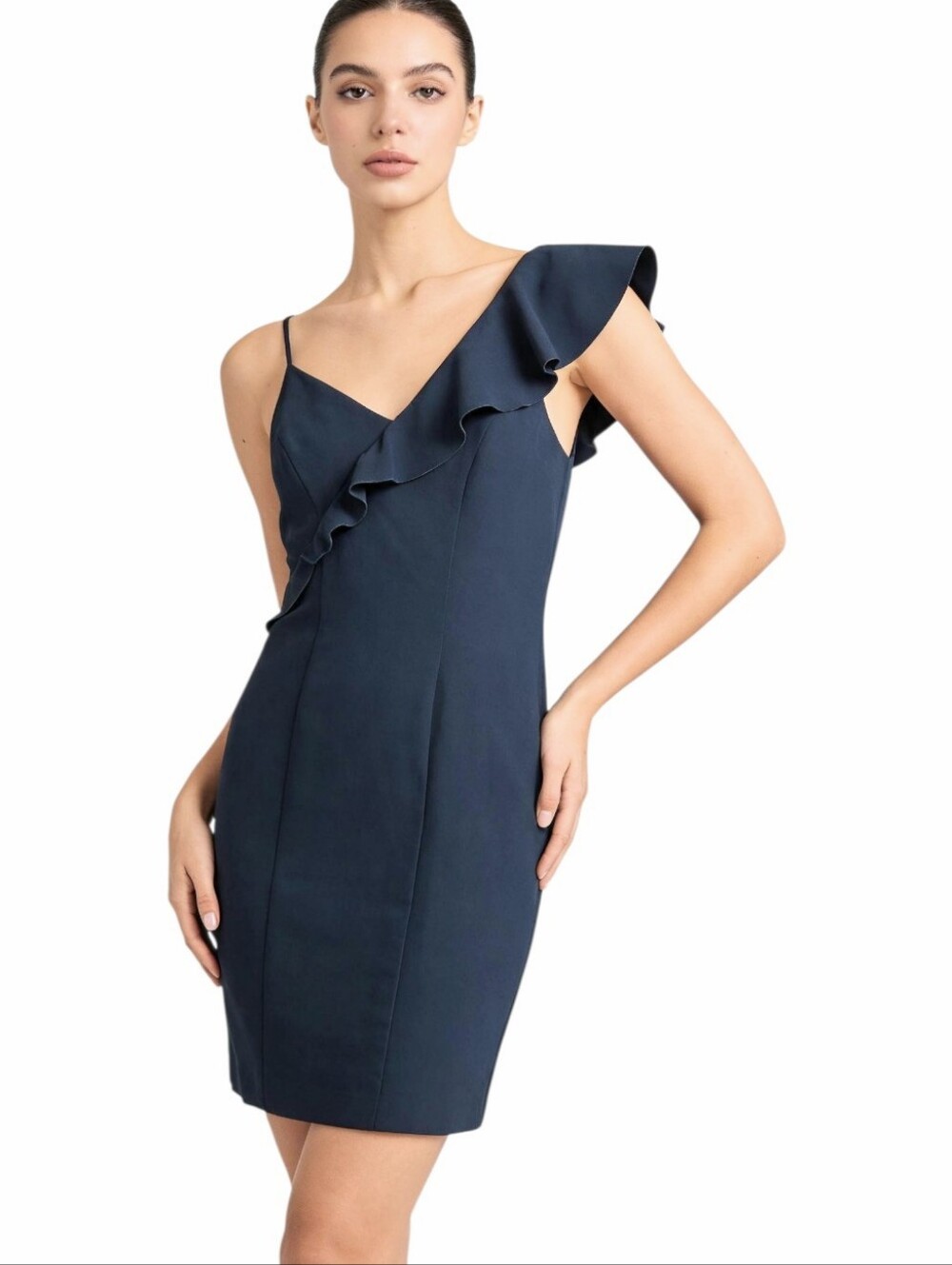 NWT XOXO Women's Dress Asymmetrical V-Neck Navy Ruffle Lined Stretch SMALL